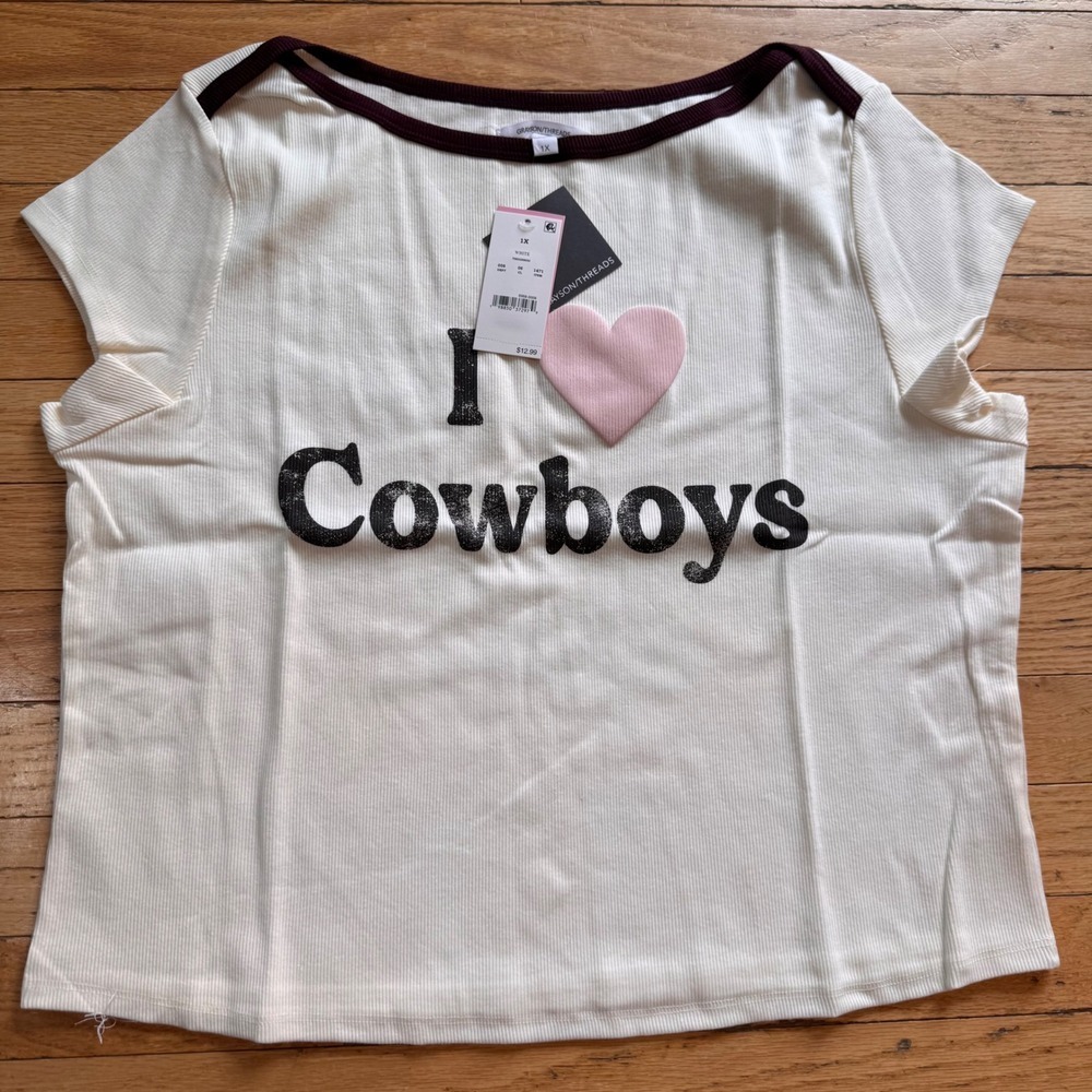 Grayson Threads I Heart Cowboys Graphic Ringer Baby Tee White Plus 1X NWT‎